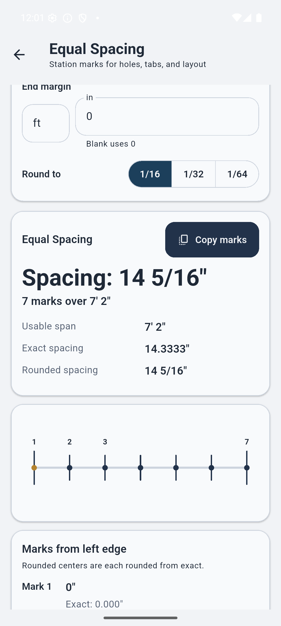 Fabrication Helper equal spacing result showing seven marks over seven feet two inches