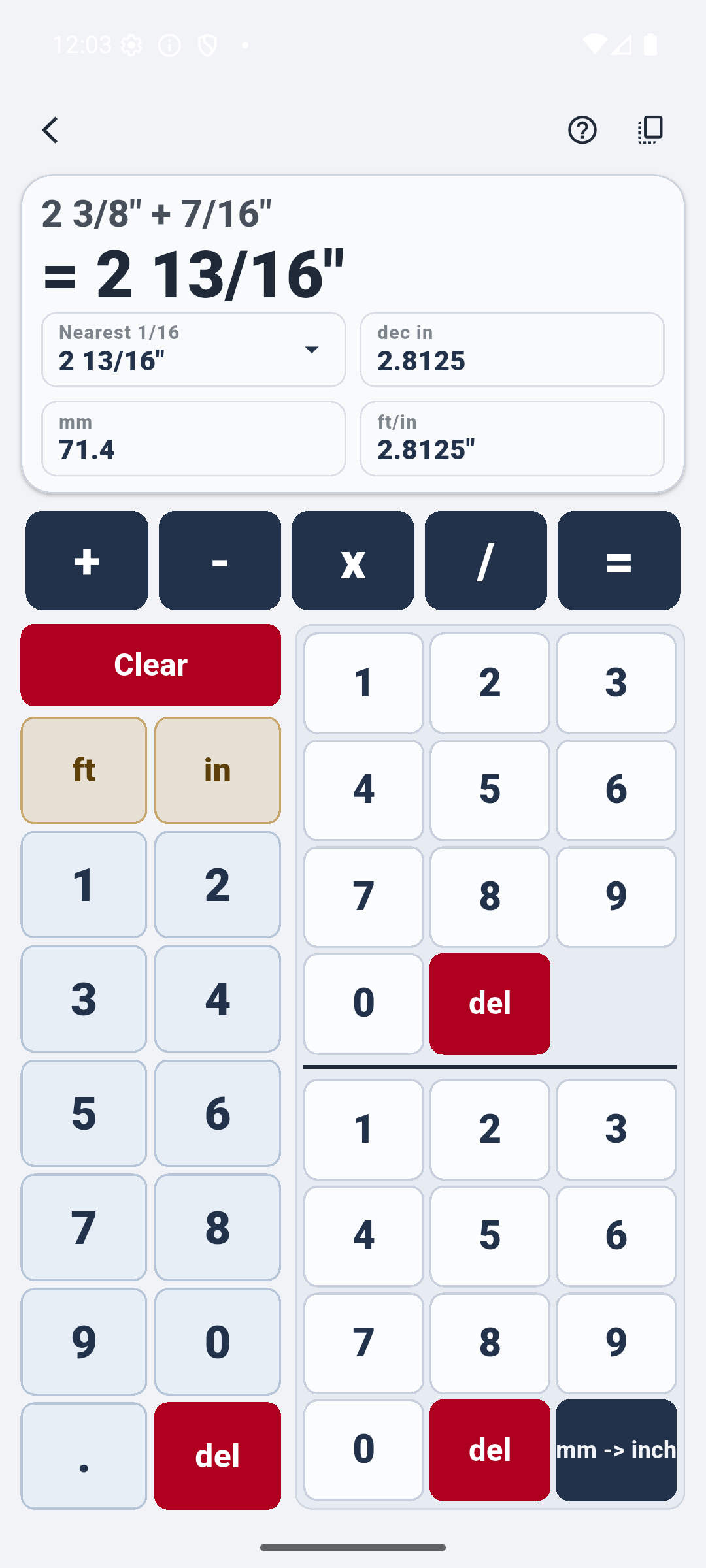 Fabrication Helper fraction result showing two and thirteen sixteenths inches